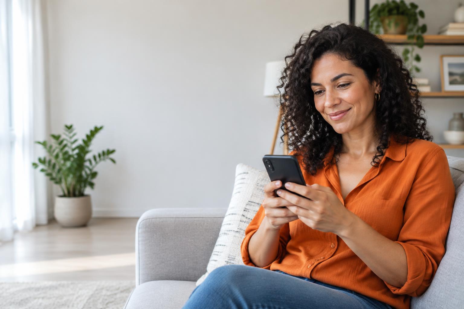 Mulher consultando seu celular em casa